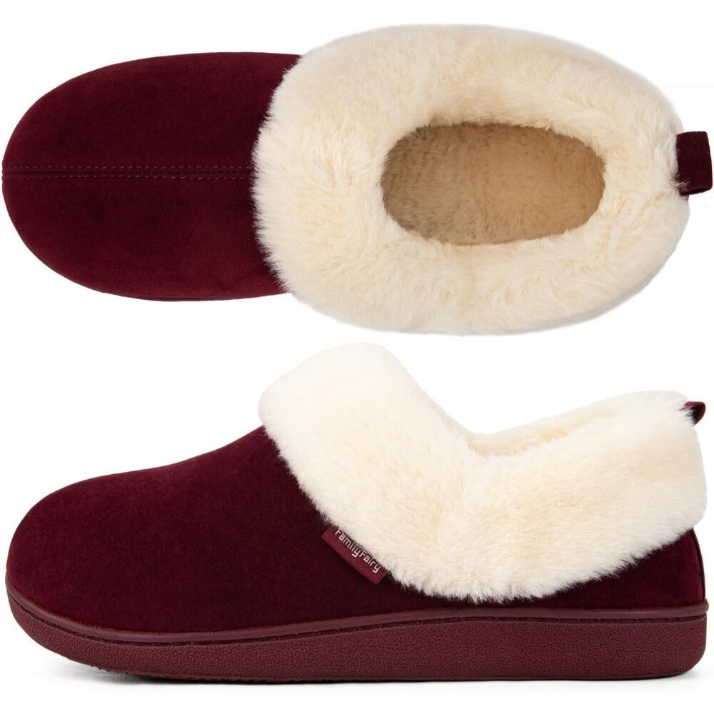 Women's Burgundy Warm Winter Velvet Fuzzy Collar House Slippers Bootie Shoes